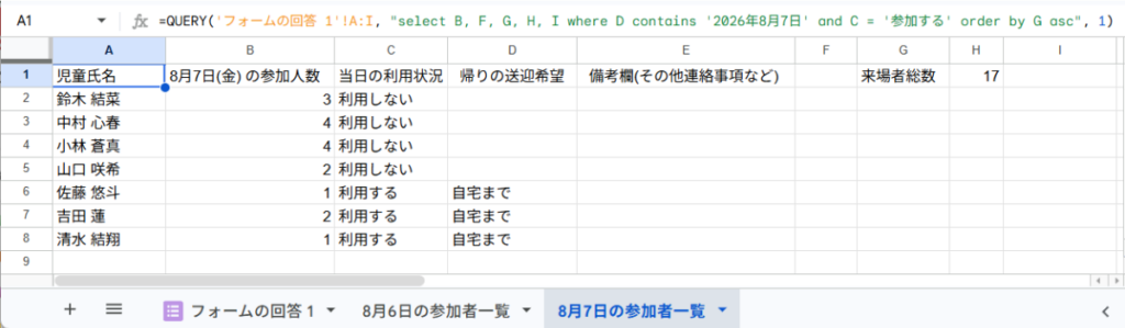 完成した8月7日の参加者一覧が表示されている画面