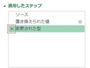 パワークエリ画面右側の「適用したステップ」欄。操作履歴がリスト化されており、削除用の「×」ボタンが赤枠で強調されている画面。