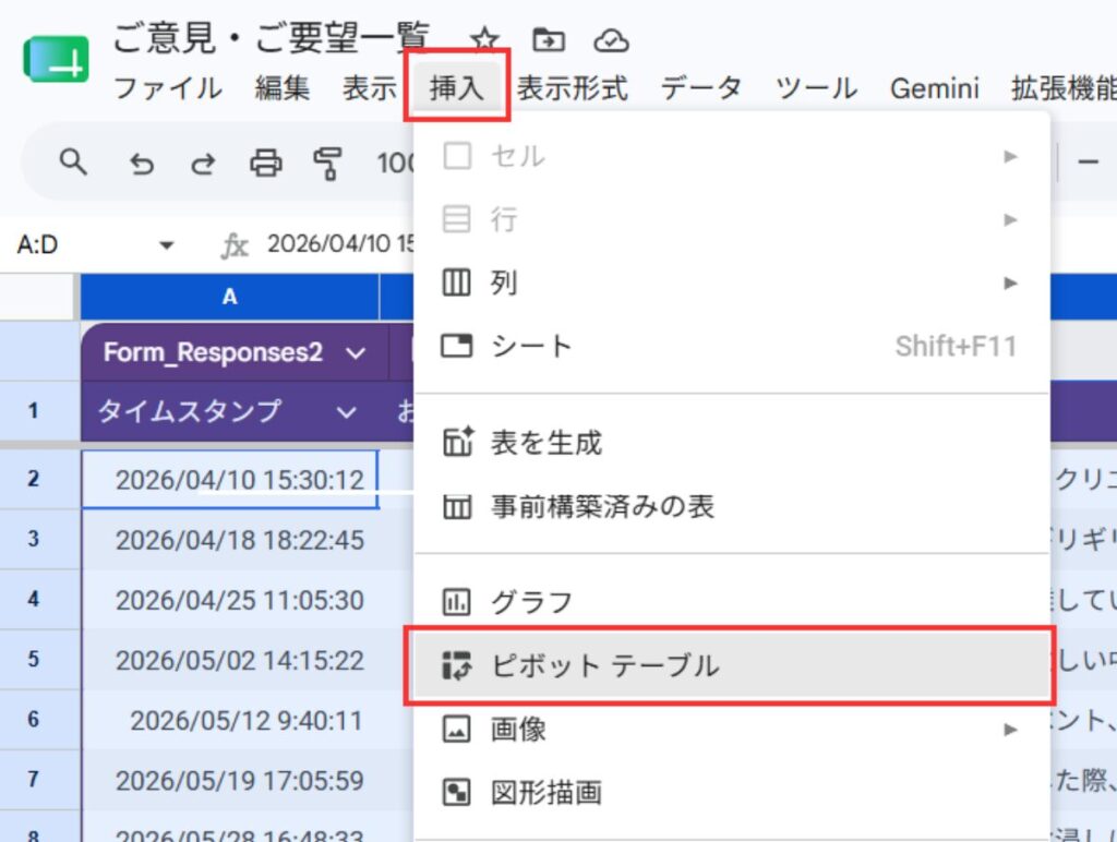 Googleスプレッドシートのメニューで「挿入」と「ピボットテーブル」の項目を赤枠で分かりやすく囲んだ操作画面